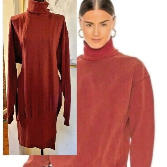 YOUNG, FABULOUS & BROKE RUST SWEATSHIRT DRESS~TURTLE NECK~RIBBED SKIRT~LARGE